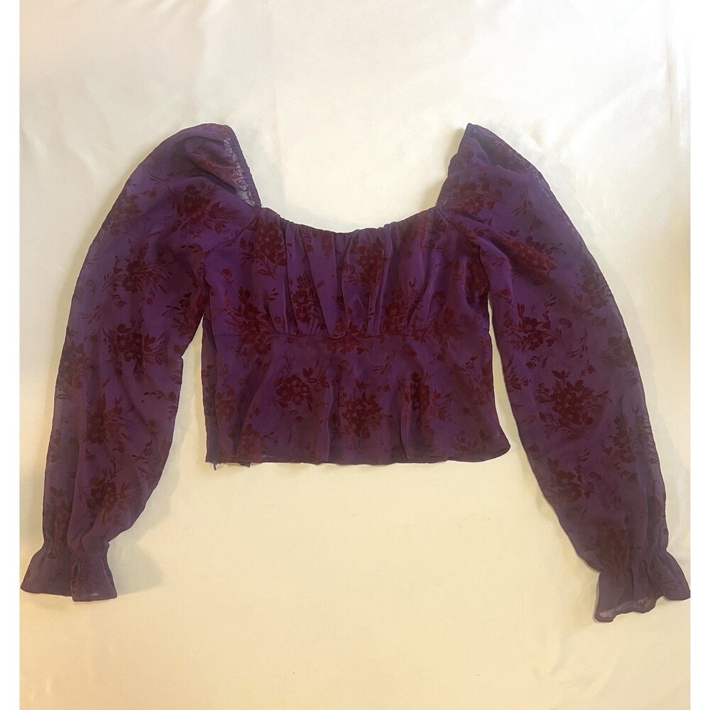 Forever 21 Purple Blouse M/L Velvet Burnout Floral Peasant Milkmaid Crop Top
